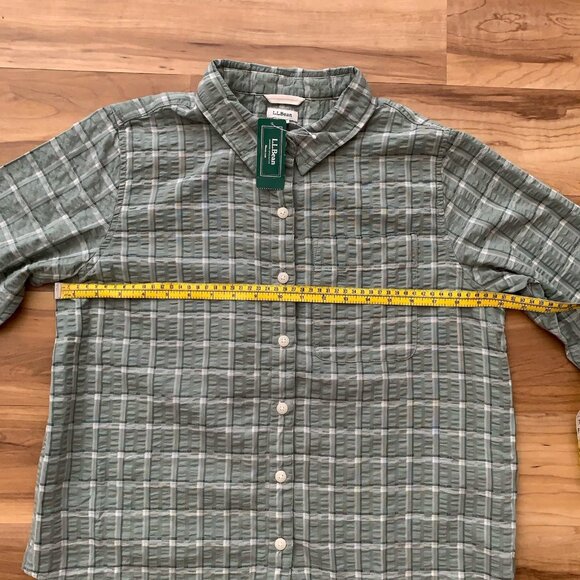 L.L. Bean Seersucker Shirt Long Sleeve Button Sage Green Small Petite Plaid New - Picture 3 of 11